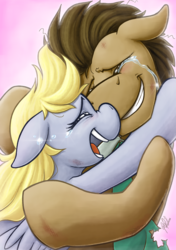 Size: 1125x1600 | Tagged: safe, artist:bcpony, derpy hooves, doctor whooves, time turner, earth pony, pony, g4, bruised, crying, eyes closed, female, hug, male, ship:doctorderpy, shipping, smiling, straight, tears of joy