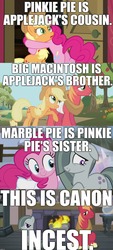 Size: 1280x2842 | Tagged: safe, edit, edited screencap, screencap, applejack, big macintosh, marble pie, pinkie pie, earth pony, pony, applebuck season, g4, hearthbreakers, pinkie apple pie, butt, canon, caption, comic, cousins, downvote bait, female, fire, hilarious in hindsight, image macro, implied incest, male, mare, meme, plot, ship:marblemac, shipping, siblings, slowpoke, stallion, straight