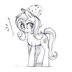 Size: 1660x1660 | Tagged: safe, artist:dapurpleheart, trixie, pony, unicorn, g4, chest fluff, female, glowing horn, grayscale, hat, horn, looking at you, magic, magic wand, mare, monochrome, simple background, sketch, smiling, solo, telekinesis, white background