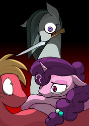 Size: 4964x7020 | Tagged: safe, alternate version, artist:zemlya, big macintosh, marble pie, sugar belle, earth pony, pony, unicorn, g4, absurd resolution, blood, colored pupils, crazy eyes, crying, cuddling, eye contact, female, frown, gradient background, imminent murder, incel, incelpie, kitchen knife, knife, leaning, lidded eyes, looking at each other, male, marble yandere, mare, mouth hold, on side, on top, question mark, scared, ship:marblemac, ship:sugarmac, shipping, stallion, straight, tears of blood, this will end in cupcakes, this will end in death, this will end in tears, this will end in tears and/or death, this will not end well, wide eyes, yandere, yandere eyes