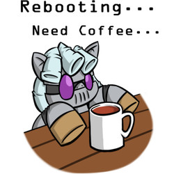 Size: 650x650 | Tagged: safe, artist:parassaux, oc, oc:turing test, robot, fanfic:the iron horse: everything's better with robots, coffee, mug, one eye closed, waitress, wink