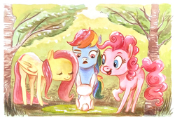 Size: 1200x819 | Tagged: safe, artist:maltese101, fluttershy, pinkie pie, rainbow dash, earth pony, pegasus, pony, rabbit, g4, female, forest, looking at something, mare, traditional art, trio, varying degrees of amusement