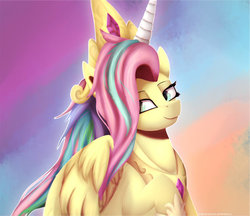 Size: 1024x883 | Tagged: safe, artist:equestrian-downfall, fluttershy, pony, g4, horse play, cosplay, costume, fake horn, female, mare, shylestia, smiling, solo