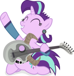 Size: 1374x1405 | Tagged: safe, artist:punzil504, starlight glimmer, pony, unicorn, g4, the parent map, ^^, alternate hairstyle, cute, edgelight glimmer, eyes closed, female, glimmerbetes, guitar, ilovemyoozik, mare, recolor, simple background, smiling, solo, stawwlight glimmer, teenage glimmer, transparent background