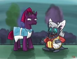 Size: 1040x800 | Tagged: safe, artist:pacificgreen, fizzlepop berrytwist, grubber, tempest shadow, g4, my little pony: the movie, alice in wonderland, alice liddell, bow, bunny ears, clock, clothes, cosplay, costume, dress, pocket watch, smiling, tempest shadow is not amused, unamused, white rabbit