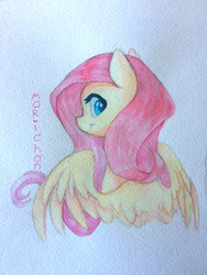 Size: 810x1080 | Tagged: safe, artist:i-just-mari, fluttershy, pegasus, pony, g4, bust, female, looking at you, looking sideways, mare, portrait, smiling, solo, spread wings, traditional art, wings