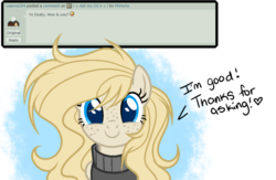 Size: 1024x667 | Tagged: safe, artist:mintoria, oc, oc only, oc:dusty, pegasus, pony, ask, clothes, deviantart, female, mare, simple background, solo, sweater, transparent background