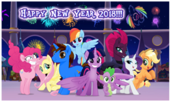 Size: 2544x1518 | Tagged: safe, artist:andoanimalia, applejack, fluttershy, pinkie pie, rainbow dash, rarity, spike, tempest shadow, twilight sparkle, oc, oc:andoanimalia, alicorn, dragon, earth pony, pegasus, pony, unicorn, g4, 2018, female, fireworks, happy new year, holiday, male, mane seven, mane six, mare, new year, stallion, twilight sparkle (alicorn)