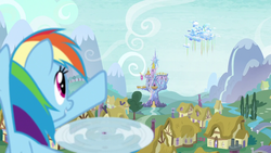 Size: 1280x720 | Tagged: safe, screencap, rainbow dash, pony, g4, tanks for the memories, cloudsdale, female, mare, pointing, ponyville, solo focus, twilight's castle