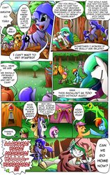 Size: 711x1123 | Tagged: safe, artist:candyclumsy, apple bloom, applejack, princess celestia, princess luna, rainbow dash, rarity, scootaloo, sweetie belle, earth pony, pegasus, pony, unicorn, comic:two sisters go camping, g4, camping, comic, cutie mark crusaders, dialogue, missing horn, scootalove, speech bubble, tent, wingless