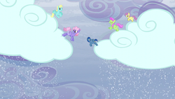 Size: 1280x720 | Tagged: safe, screencap, dewdrop, merry may, ocean rainbow, parasol, rainbowshine, pegasus, pony, g4, tanks for the memories, background pony, cloud, cloudy, female, flying, i'll fly, male, mare, sky, snow, stallion