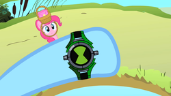 Size: 1280x720 | Tagged: safe, edit, edited screencap, screencap, pinkie pie, rainbow dash, earth pony, pegasus, pony, g4, party of one, ben 10, ben 10 alien force, female, mare, omnitrix, watch