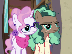 Size: 1285x978 | Tagged: safe, screencap, minty mocha, raspberry latte, earth pony, pony, unicorn, g4, the parent map, animated, bookshelf, bookstore, clothes, duo, ear piercing, earring, female, gif, glasses, hoofbump, jewelry, ladder, mare, open door, piercing, scarf, sire's hollow