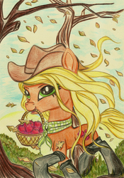 Size: 1400x2000 | Tagged: safe, artist:pedrohander, applejack, earth pony, pony, g4, apple, basket, female, food, leather boots, solo, traditional art, tree