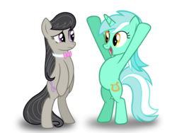 Size: 2048x1536 | Tagged: safe, artist:therealsilvershit, lyra heartstrings, octavia melody, earth pony, pony, unicorn, g4, bipedal, confused, crack shipping, cute, duo, female, lesbian, lyrabetes, octyra, shipping, simple background, tavibetes, transparent background, vector
