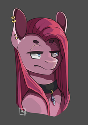 Size: 2894x4093 | Tagged: safe, artist:cluelesstuna, pinkie pie, earth pony, pony, g4, bust, choker, ear piercing, female, mare, piercing, pinkamena diane pie, portrait, simple background, solo