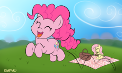 Size: 1000x600 | Tagged: safe, artist:empyu, fluttershy, pinkie pie, earth pony, pegasus, pony, g4, cute, diapinkes, duo, female, happy, mare, picnic