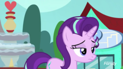 Size: 1170x658 | Tagged: safe, screencap, starlight glimmer, pony, unicorn, g4, the parent map, cropped, discovery family logo, female, fountain, mare, sire's hollow, starlight glimmer is not amused, unamused