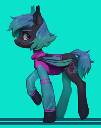 Size: 1057x1335 | Tagged: safe, artist:aphphphphp, oc, oc only, oc:moondrive, bat pony, pony, bat pony oc, clothes, female, green background, looking back, mare, simple background, solo