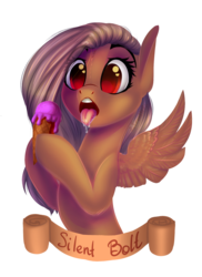 Size: 1024x1406 | Tagged: dead source, safe, artist:freckleplant, oc, oc only, oc:silent bell, pegasus, pony, drool, eye clipping through hair, female, food, ice cream, mare, simple background, solo, tongue out, transparent background