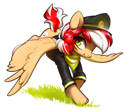 Size: 1280x1139 | Tagged: safe, artist:aphphphphp, oc, oc only, pegasus, pony, clothes, grass, looking back, simple background, solo