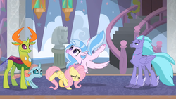 Size: 1920x1080 | Tagged: safe, screencap, fluttershy, ocellus, seaspray, silverstream, thorax, changedling, changeling, g4, school daze, excited, faic, female, king thorax, male, school, staircase, stairs, statue