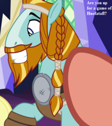 Size: 400x450 | Tagged: safe, edit, edited screencap, editor:korora, screencap, applejack, rockhoof, earth pony, pony, g4, shadow play, board game, bronybait, cropped, excited, grin, happy, hnefatafl, male, norse, old norse, smiling, stallion, text, twilight's castle