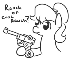 Size: 374x311 | Tagged: safe, artist:jargon scott, oc, oc only, oc:brownie bun, earth pony, pony, black and white, cboyardee, dialogue, dilbert, dilbertposting, female, grayscale, gun, hoof hold, luger, mare, monochrome, simple background, solo, the dilbert zone, weapon, white background