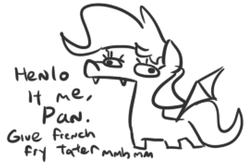 Size: 541x359 | Tagged: safe, artist:jargon scott, oc, oc only, oc:panne, bat pony, pony, black and white, dialogue, fangs, female, grayscale, henlo, mare, monochrome, simple background, sling blade, solo, squatpony, that pony sure does love fries, white background, woonoggles