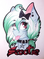 Size: 2781x3714 | Tagged: safe, artist:scootiegp, oc, oc only, badge, bow, bust, collar, female, high res, mare, portrait, smiling, traditional art