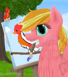 Size: 2800x3200 | Tagged: safe, artist:annaslolart, oc, oc only, oc:sunset streak, bird, pegasus, pony, female, high res, mare, mouth hold, offspring, paintbrush, painting, parent:big macintosh, parent:fluttershy, parents:fluttermac, solo