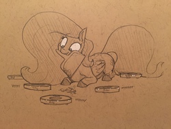 Size: 1280x960 | Tagged: safe, artist:greyscaleart, fluttershy, pegasus, pony, g4, colored hooves, dustpan, feeding, female, grayscale, mare, monochrome, mouth hold, onomatopoeia, prone, roomba, roombashy, traditional art, vrrr