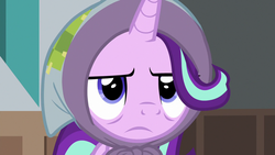 Size: 1280x720 | Tagged: safe, screencap, starlight glimmer, pony, unicorn, g4, the parent map, angry, annoyed, blanket, clothes, cute, female, glimmerbetes, headscarf, madorable, mare, scarf, solo