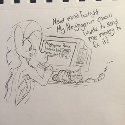 Size: 1280x1280 | Tagged: safe, artist:greyscaleart, fluttershy, cat, pegasus, pony, g4, computer, dialogue, female, grayscale, hilarious in hindsight, hoof hold, implied twilight sparkle, mare, monochrome, nigerian scam, phone, social security number, solo, this will end in bankruptcy, this will end in identity theft, this will end in tears, traditional art