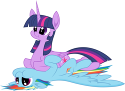 Size: 6000x4371 | Tagged: safe, artist:magister39, artist:underpable, rainbow dash, twilight sparkle, alicorn, pegasus, pony, g4, :t, absurd resolution, aweeg*, behaving like a cat, cute, dashabetes, duo, female, floppy ears, mare, on back, on top, pony pile, prone, puffy cheeks, simple background, smiling, spread wings, transparent background, twiabetes, twilight sparkle (alicorn), wings