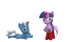 Size: 1200x675 | Tagged: safe, artist:ponygaben, trixie, twilight sparkle, alicorn, pony, g4, 3d, animated, butt, clothes, cute, eyes on the prize, female, gif, happy, i have done nothing productive all day, jumping, looking at butt, mare, plot, rolling, silly, silly pony, simple background, socks, source filmmaker, tongue out, transparent background, twiabetes, twilight sparkle (alicorn)