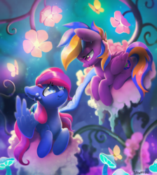 Size: 2400x2676 | Tagged: safe, artist:dawnfire, oc, oc only, oc:blueberry, oc:plushberry, pegasus, pony, commission, duo, ear piercing, earring, fantasy, female, flower, high res, jewelry, lip piercing, looking at each other, mare, piercing