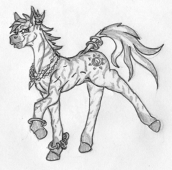 Size: 1394x1379 | Tagged: safe, artist:siegfriednox, oc, oc only, oc:uchaani, pony, zebra, fallout equestria, fallout equestria: project horizons, ear piercing, earring, grayscale, jewelry, monochrome, necklace, piercing, simple background, solo, tail ring, traditional art, white background