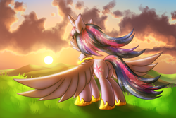 Size: 1500x1000 | Tagged: safe, artist:shad0w-galaxy, twilight sparkle, alicorn, pony, g4, female, rear view, solo, sunset, twilight sparkle (alicorn)