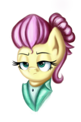 Size: 2000x3000 | Tagged: safe, artist:qbellas, fluttershy, pony, fake it 'til you make it, g4, alternate hairstyle, bust, female, high res, mare, severeshy, simple background, solo, transparent background