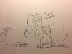 Size: 1280x960 | Tagged: safe, artist:greyscaleart, fluttershy, rainbow dash, pegasus, pony, g4, about to have tail sucked into a roomba, bonk, description is relevant, dialogue, female, floral head wreath, flower, grayscale, looking at you, mare, monochrome, onomatopoeia, rainbow dash is not amused, roomba, roombashy, sitting, traditional art, unamused, vrrr