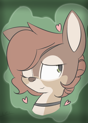Size: 1538x2135 | Tagged: safe, artist:lofis, oc, oc only, oc:fauna, deer, deer pony, original species, abstract background, bust, collar, cute, female, flirting, floating heart, heart, one eye closed, solo, wink