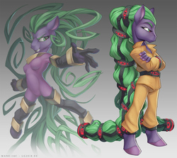 Size: 1280x1144 | Tagged: safe, artist:loupgarou, mane-iac, earth pony, anthro, unguligrade anthro, g4, clothes, female, mane, mare, prison outfit, prisoner, restraints, shackles, solo, tail