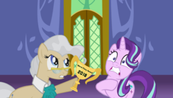 Size: 2382x1340 | Tagged: safe, edit, mayor mare, starlight glimmer, earth pony, pony, unicorn, g4, the parent map, 2018, abuse, angry, award, blatant lies, downvote bait, drama, glimmerbuse, op is a duck, op is trying to start shit, op isn't even trying anymore, remake, shocked, starlight drama, trophy, twilight's castle, worst pony