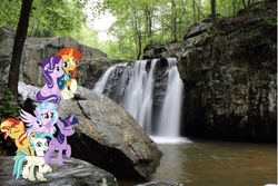 Size: 1999x1332 | Tagged: safe, artist:jhayarr23, editor:php77, silverstream, starlight glimmer, sunburst, sunset shimmer, terramar, twilight sparkle, alicorn, classical hippogriff, hippogriff, pony, g4, forest, irl, photo, ponies in real life, twilight sparkle (alicorn), waterfall