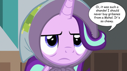 Size: 1280x720 | Tagged: safe, edit, edited screencap, editor:wild stallions, screencap, starlight glimmer, g4, the parent map, blanket, clothes, headscarf, implied cannibalism, implied foreskin, implied penis, innuendo, movie quote, movie reference, mrs. doubtfire, robin williams, scarf, speech bubble, starlight glimmer is not amused, unamused