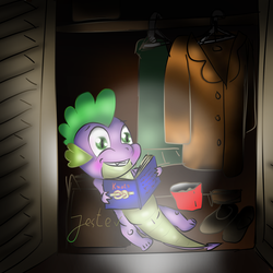 Size: 2000x2000 | Tagged: safe, artist:jesterpi, spike, g4, blushing, book, box, chips, closet, clothes, coat, dark, doodle, embarrassed, food, high res, knot, lying down, spotlight