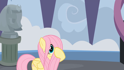 Size: 1920x1080 | Tagged: safe, screencap, fluttershy, pegasus, pony, g4, school daze, cute, female, hair over one eye, hiding behind mane, mare, school, shyabetes, solo, statue, wings