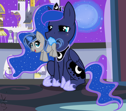 Size: 1514x1334 | Tagged: safe, artist:velveagicsentryyt, princess luna, oc, oc:lunais, pony, g4, baby, baby pony, diaper, female, magic, moon work, mother and daughter, mouth hold, offspring, parent:king sombra, parent:princess luna, parents:lumbra, sitting