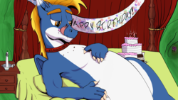 Size: 3840x2160 | Tagged: safe, artist:icarys, oc, oc only, oc:nyama, dragon, bed, bedroom, birthday, birthday cake, birthday candles, birthday gift, cake, candle, changeling hive, commission, crumbs, curtains, cute, dresser, fetish, food, high res, implied vore, licking, licking lips, male, on bed, solo, tongue out